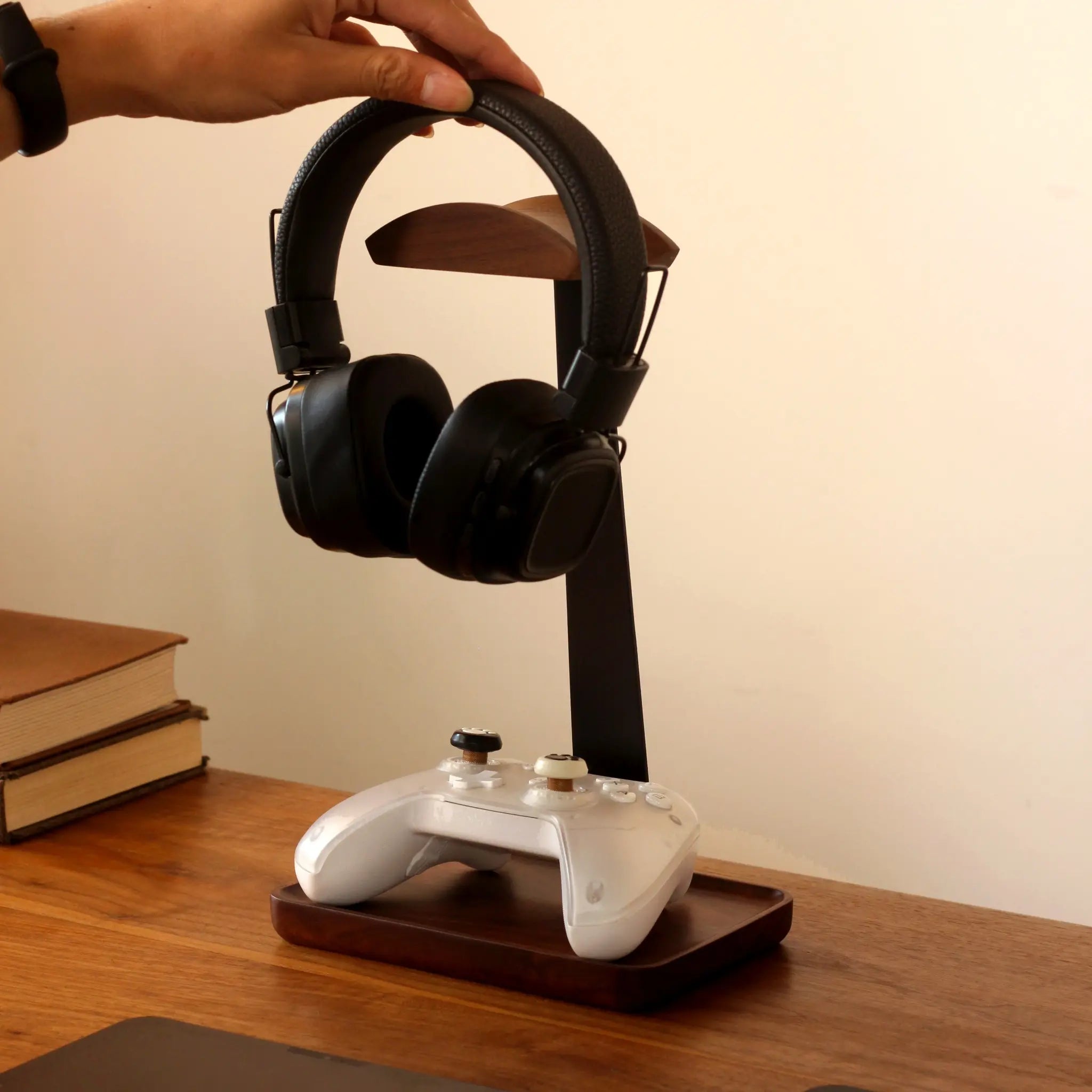 Premium Walnut Wood Headphone Stand with Organizer