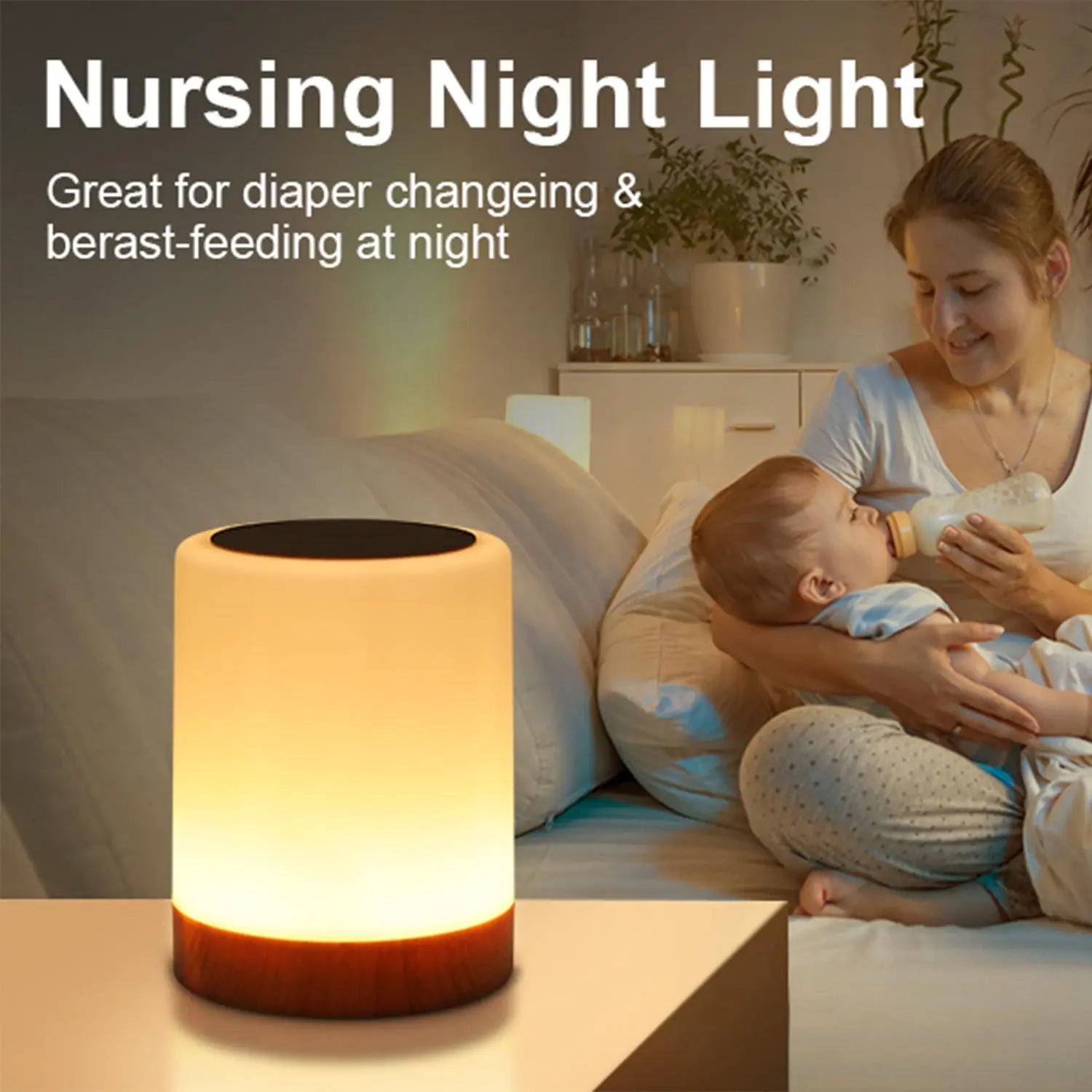 LED Table Lamp with Wooden Base, USB Rechargeable Night Light, Elegant Decorative Desk Lamp for Bedroom and Living Room Decor
