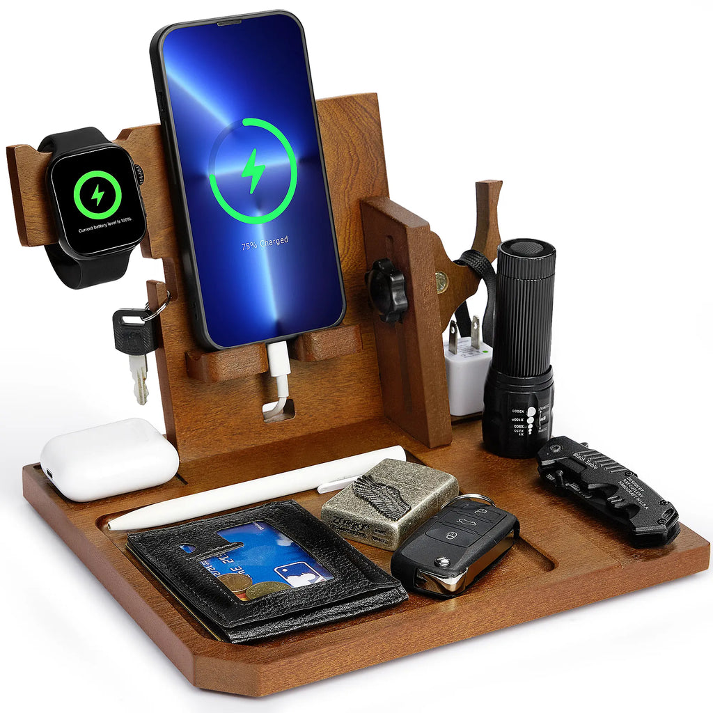 Onetigris Wood Desk Organizer – Sapelli Stand for Smartphone, Watch, Keys, Wallet & Gadgets
