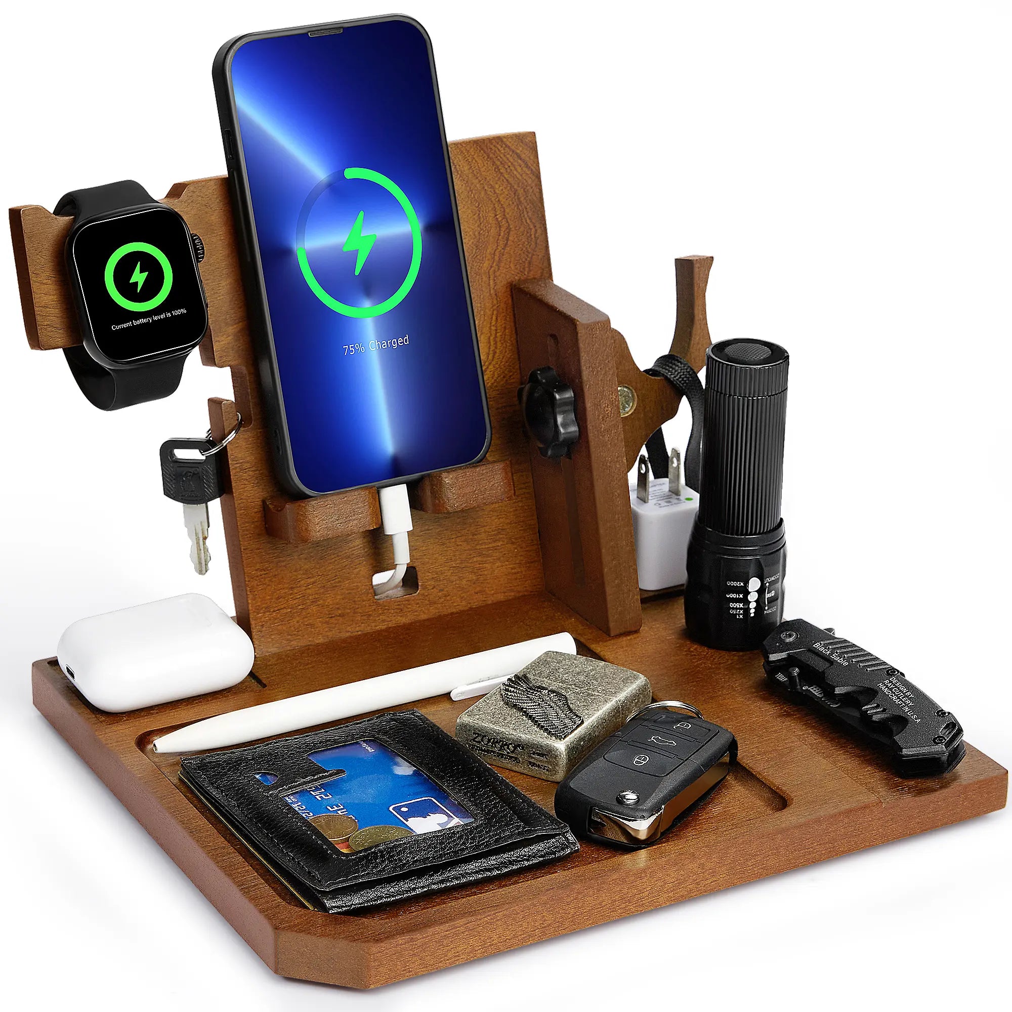 Onetigris Wood Desk Organizer – Sapelli Stand for Smartphone, Watch, Keys, Wallet & Gadgets