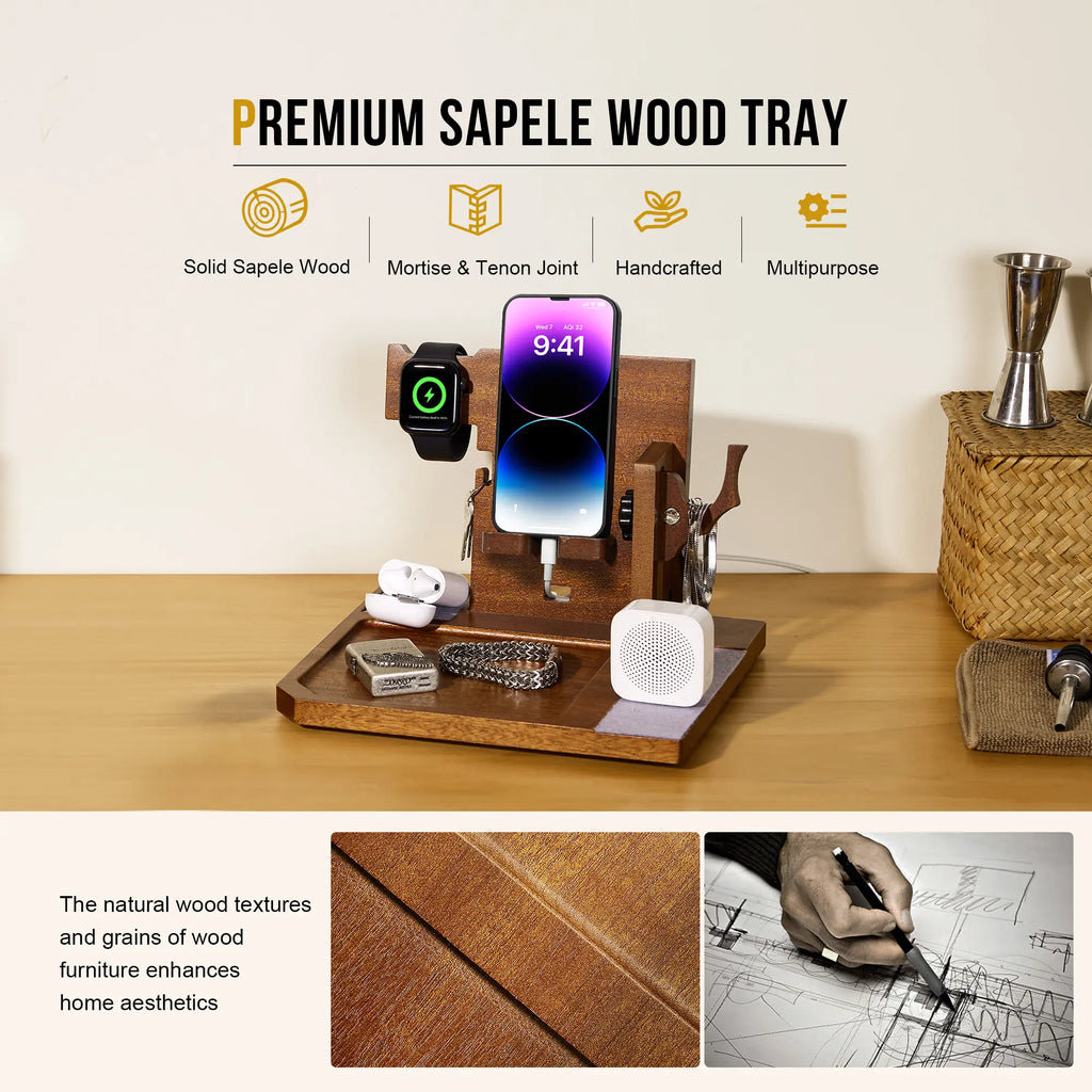 Onetigris Wood Desk Organizer – Sapelli Stand for Smartphone, Watch, Keys, Wallet & Gadgets