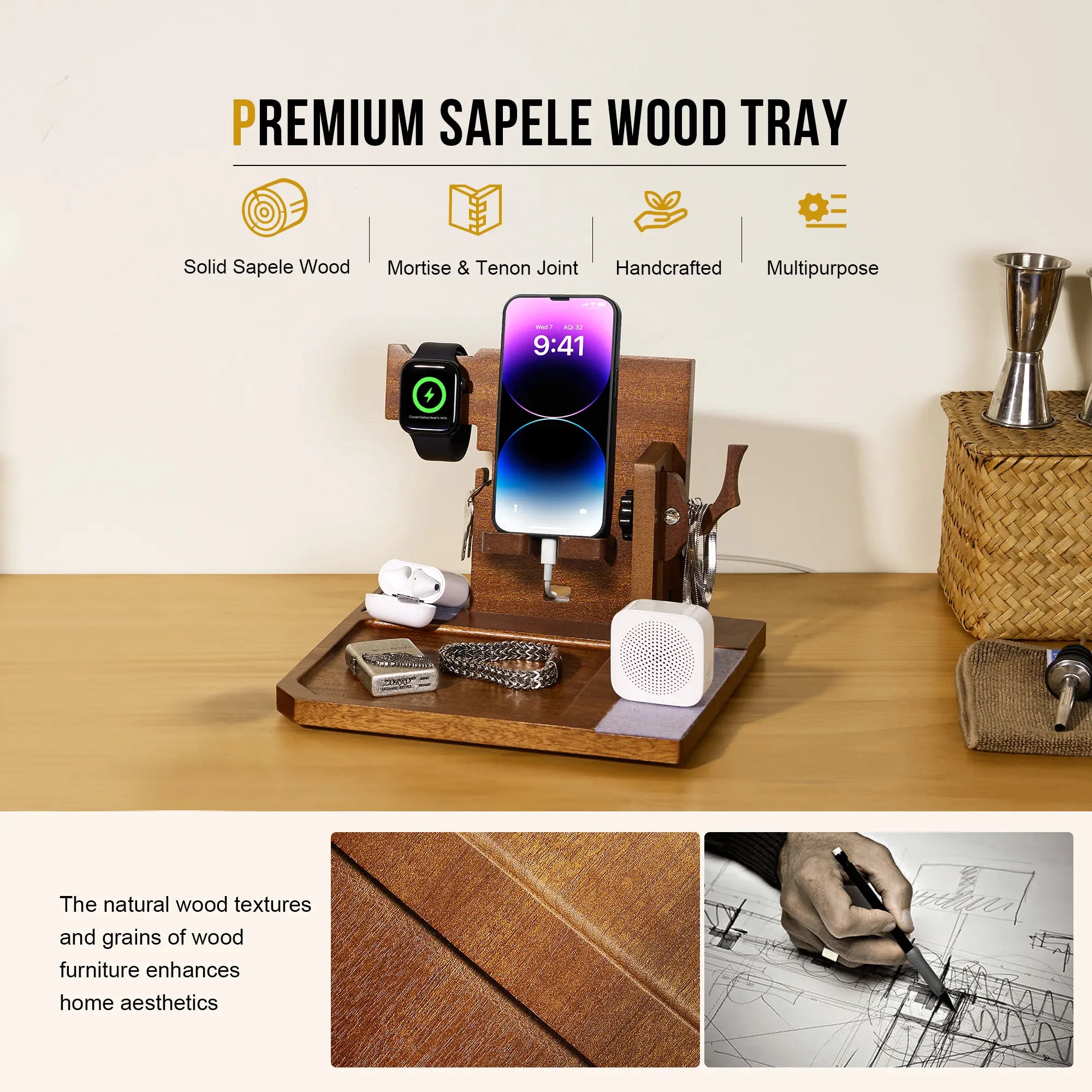 Onetigris Wood Desk Organizer – Sapelli Stand for Smartphone, Watch, Keys, Wallet & Gadgets