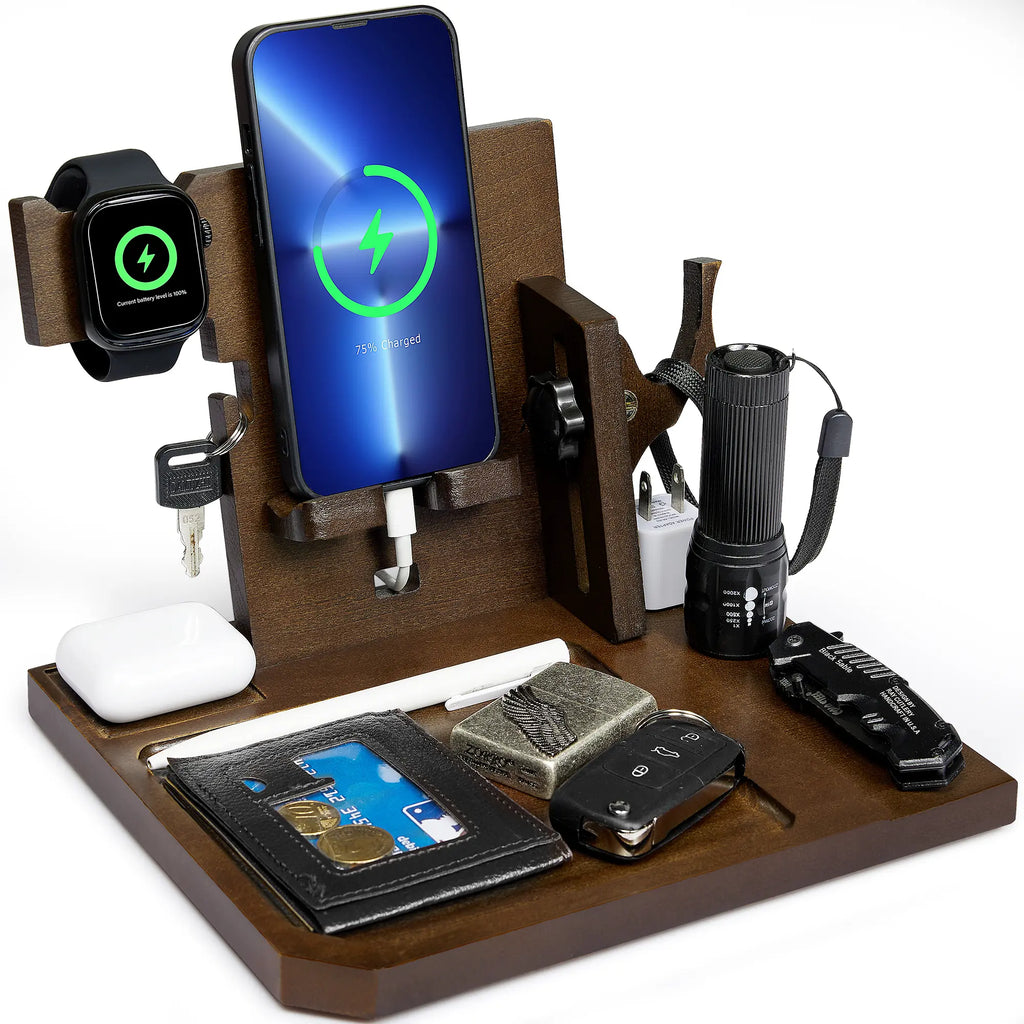 Onetigris Wood Desk Organizer – Sapelli Stand for Smartphone, Watch, Keys, Wallet & Gadgets