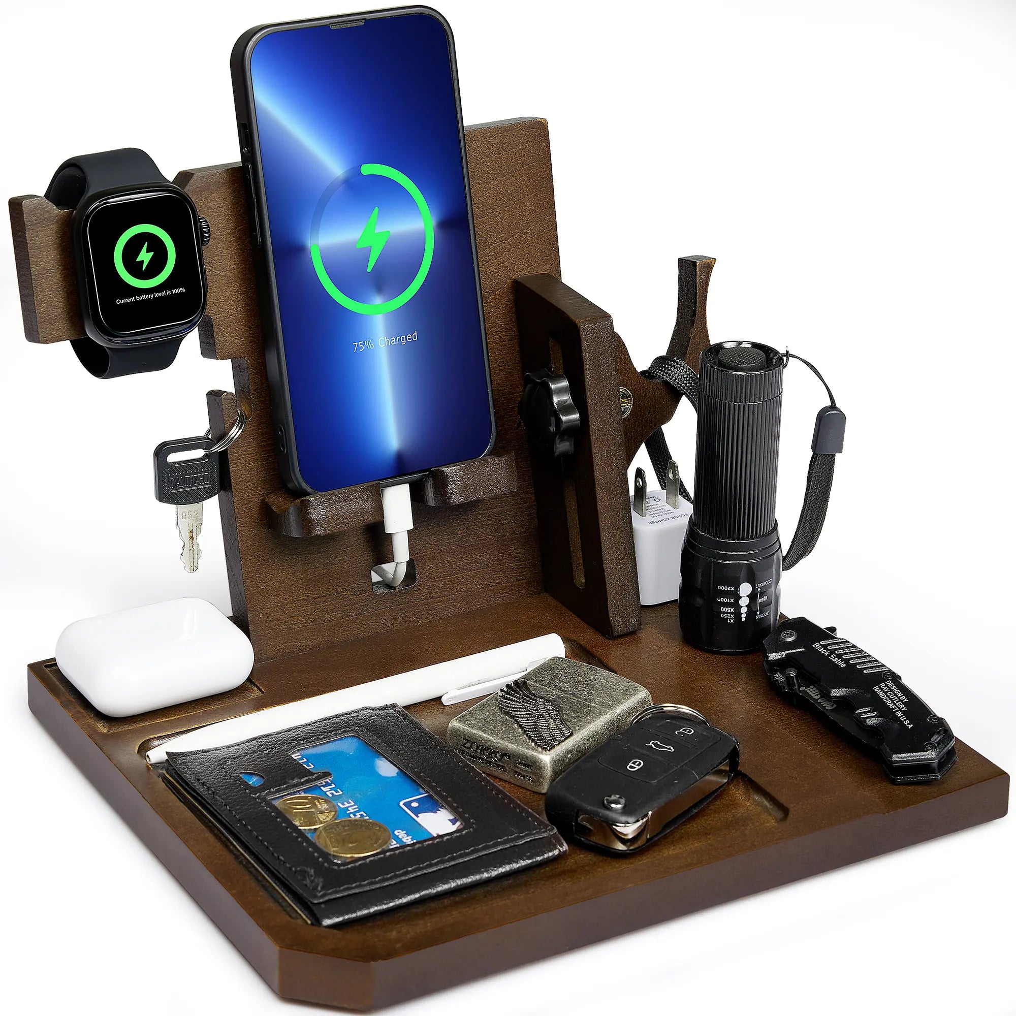 Onetigris Wood Desk Organizer – Sapelli Stand for Smartphone, Watch, Keys, Wallet & Gadgets