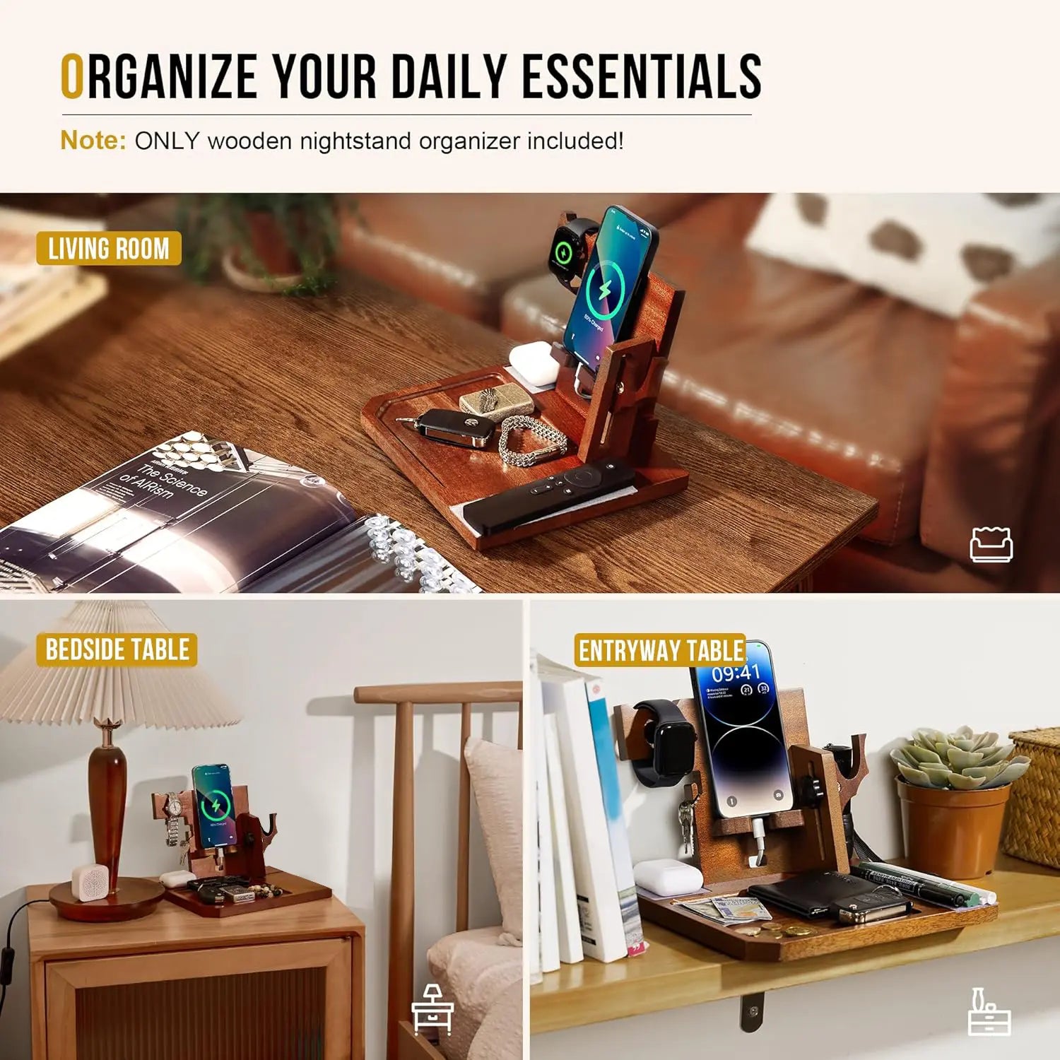 Onetigris Wood Desk Organizer – Sapelli Stand for Smartphone, Watch, Keys, Wallet & Gadgets
