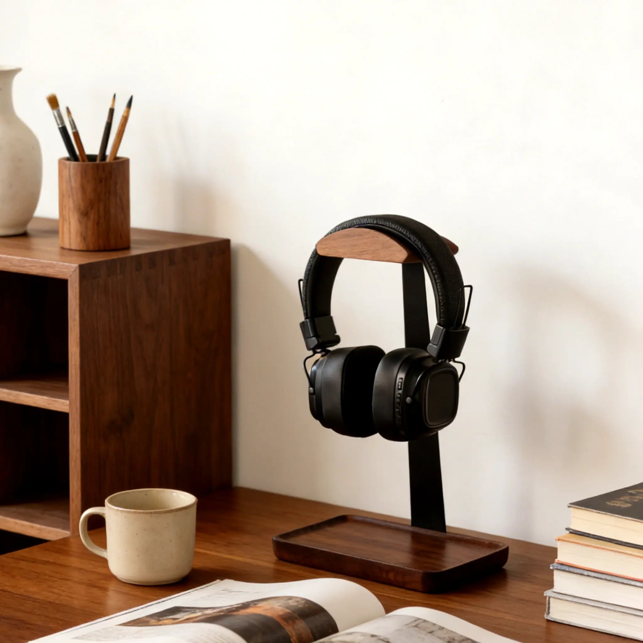 Premium Walnut Wood Headphone Stand with Organizer