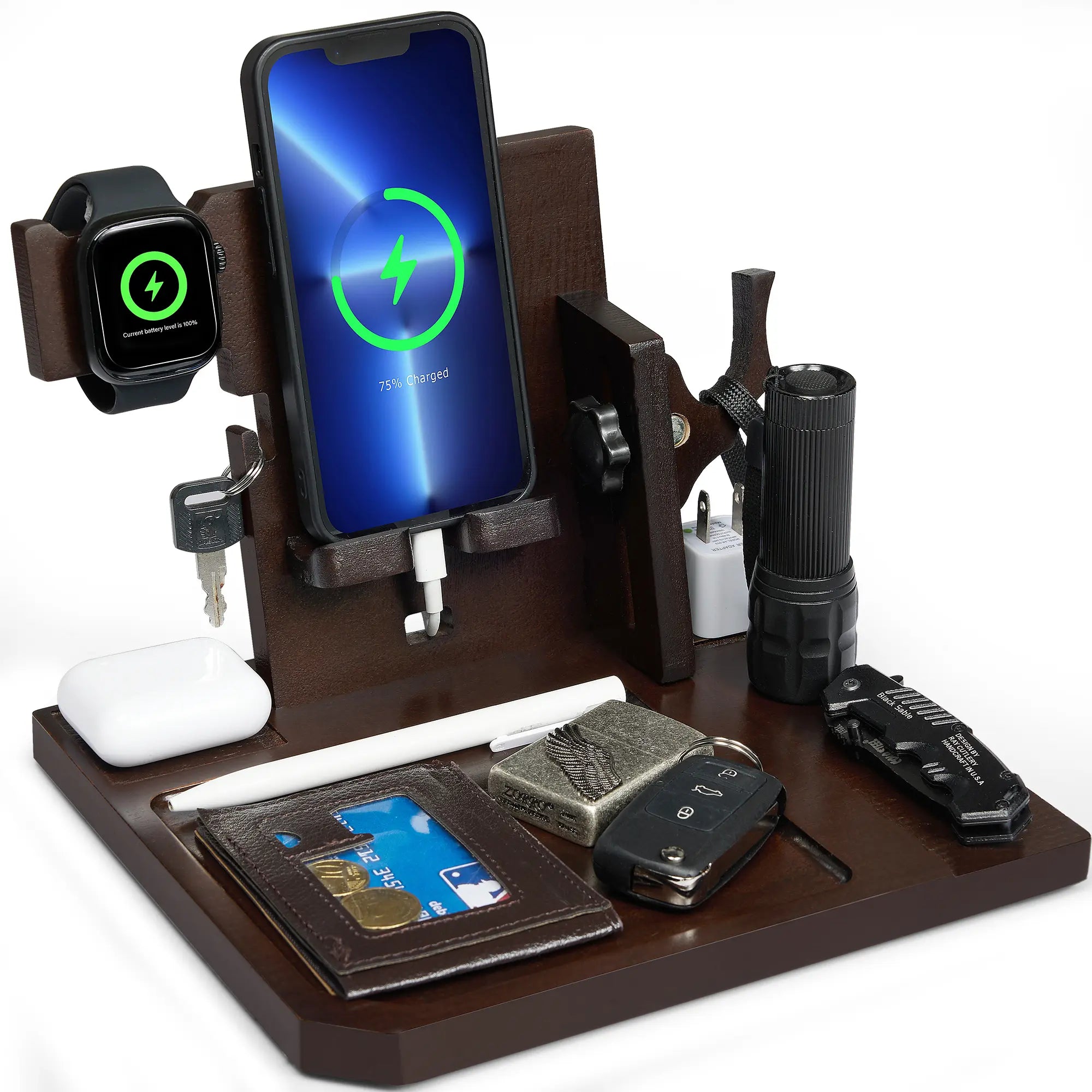 Onetigris Wood Desk Organizer – Sapelli Stand for Smartphone, Watch, Keys, Wallet & Gadgets