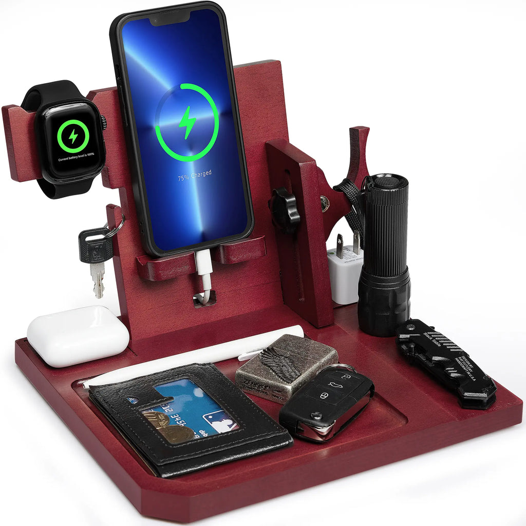 Onetigris Wood Desk Organizer – Sapelli Stand for Smartphone, Watch, Keys, Wallet & Gadgets