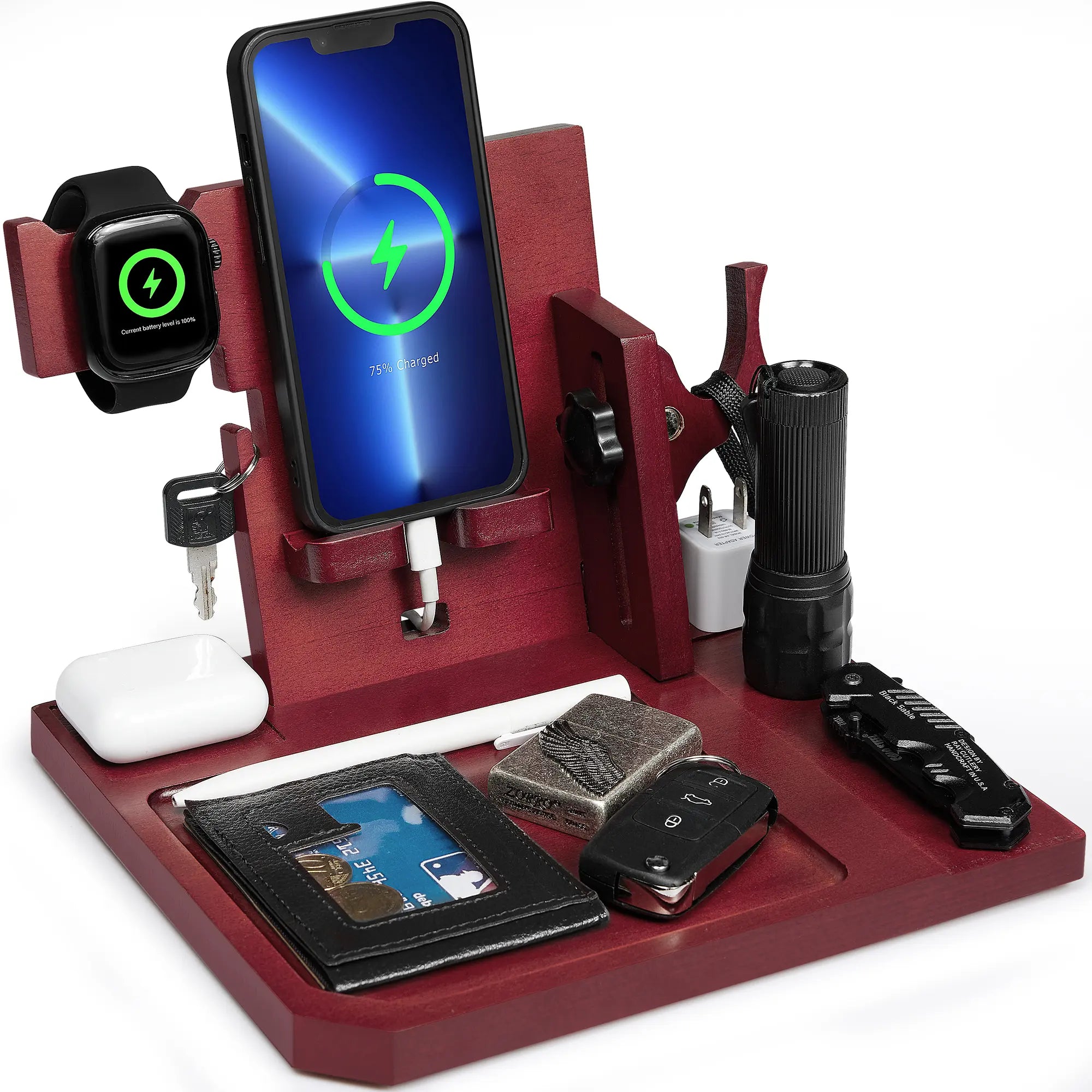 Onetigris Wood Desk Organizer – Sapelli Stand for Smartphone, Watch, Keys, Wallet & Gadgets