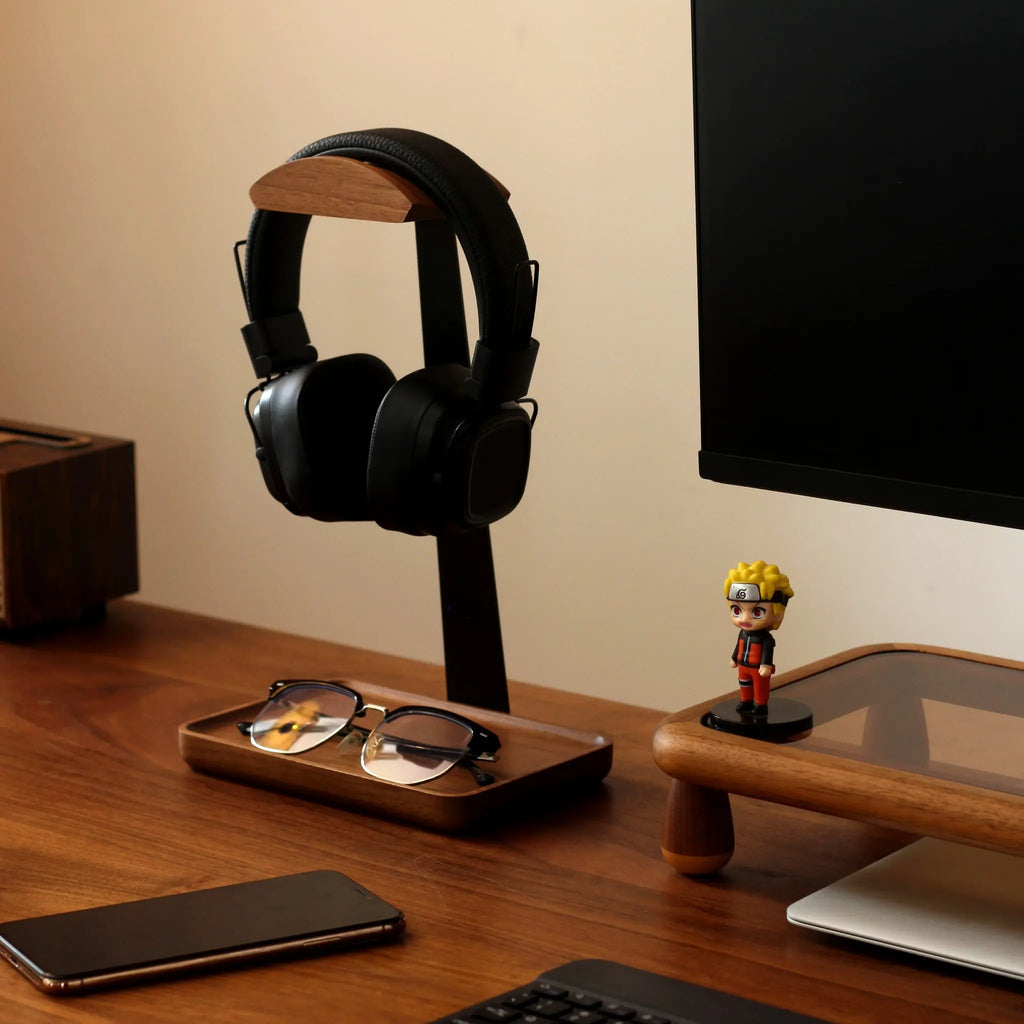 Premium Walnut Wood Headphone Stand with Organizer