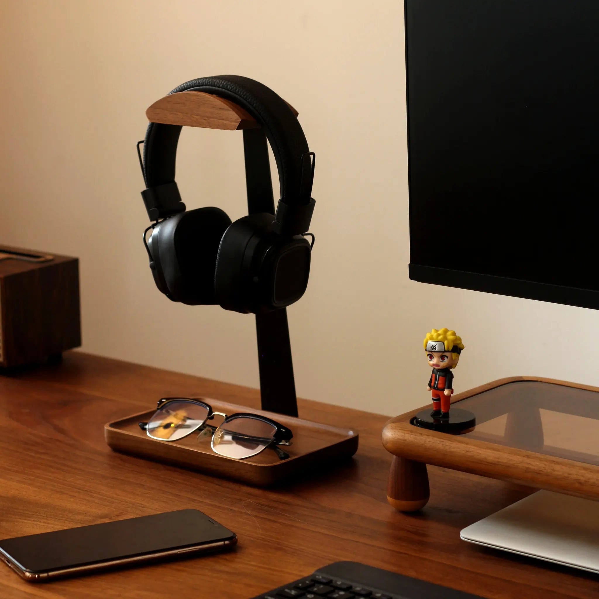 Premium Walnut Wood Headphone Stand with Organizer