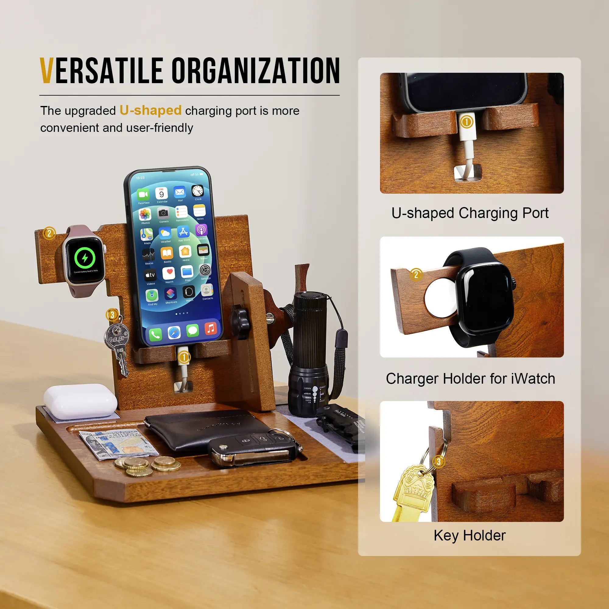 Onetigris Wood Desk Organizer – Sapelli Stand for Smartphone, Watch, Keys, Wallet & Gadgets