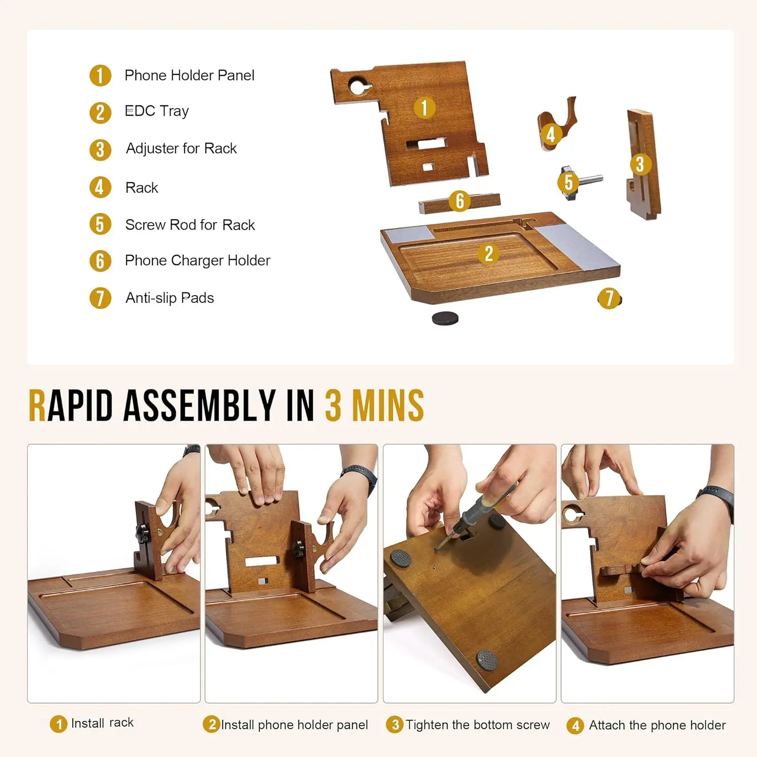 Onetigris Wood Desk Organizer – Sapelli Stand for Smartphone, Watch, Keys, Wallet & Gadgets