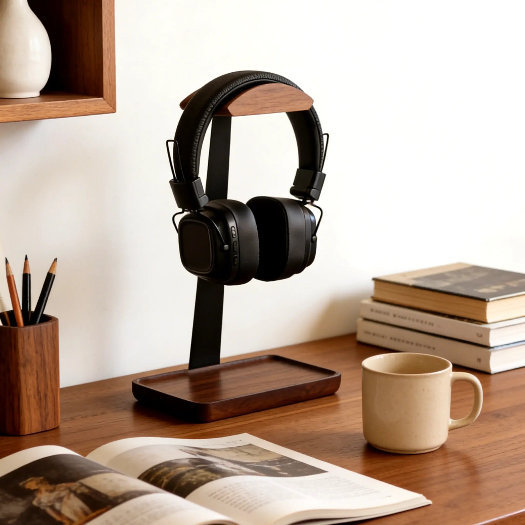 Premium Walnut Wood Headphone Stand with Organizer