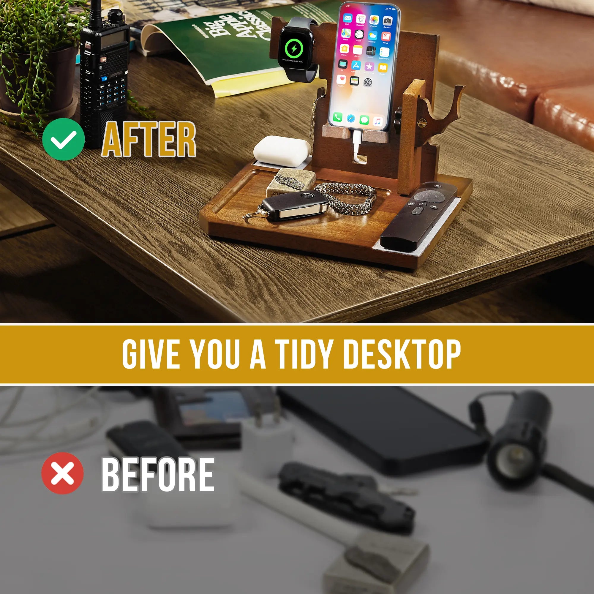 Onetigris Wood Desk Organizer – Sapelli Stand for Smartphone, Watch, Keys, Wallet & Gadgets