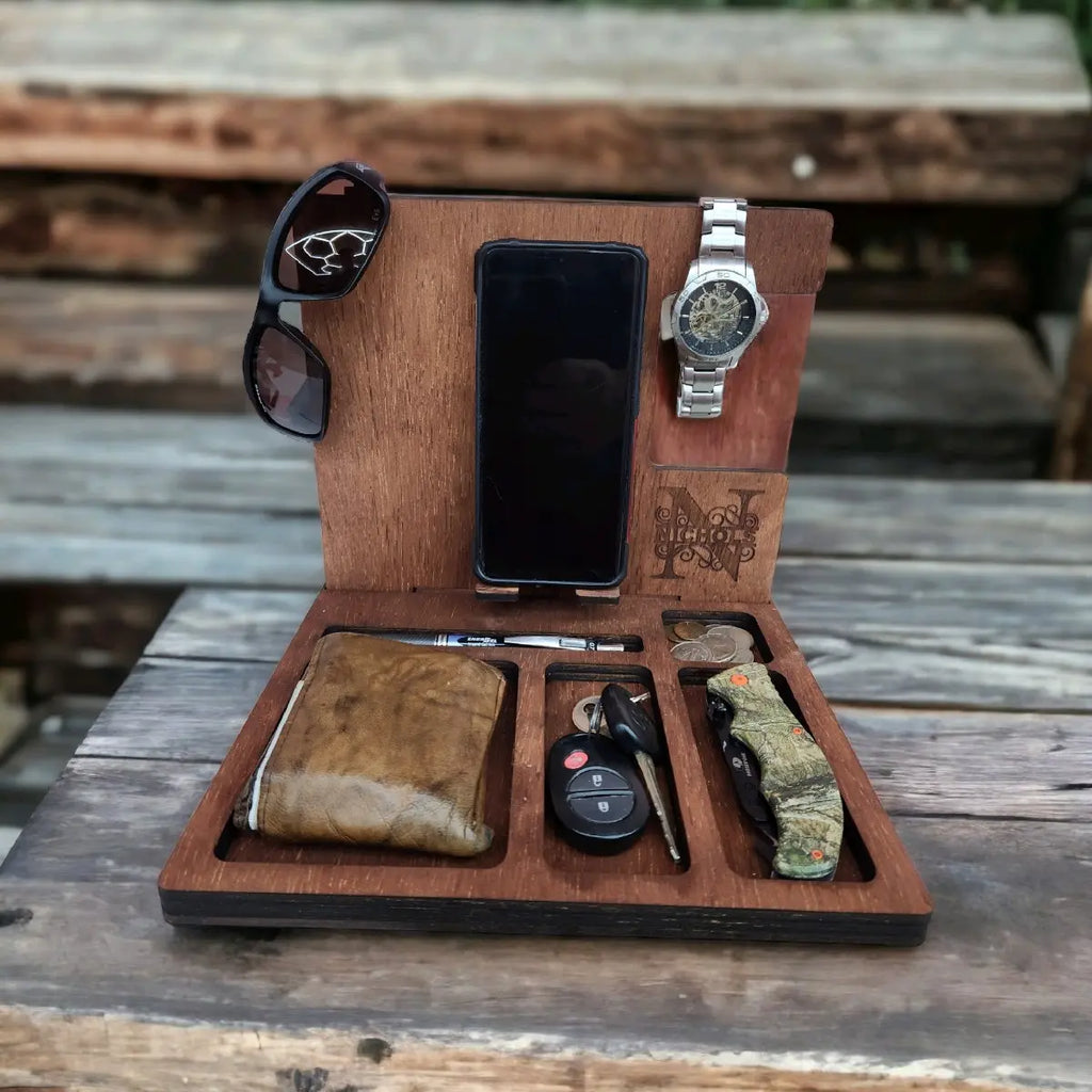 Wooden Phone Docking Station and Nightstand Organizer with Wallet Holder