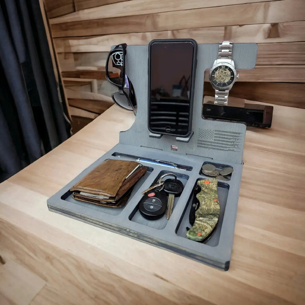 Wooden Phone Docking Station and Nightstand Organizer with Wallet Holder