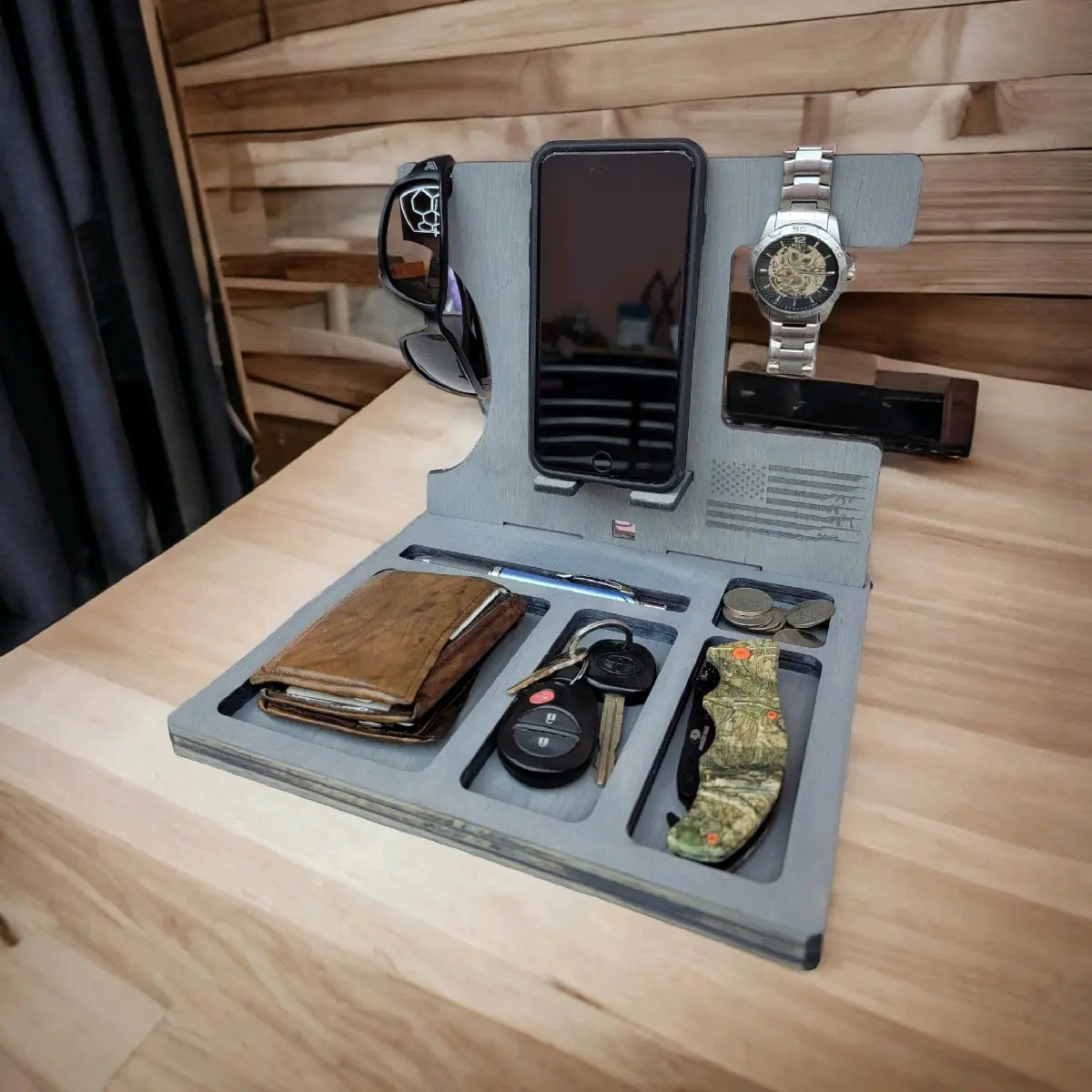 Wooden Phone Docking Station and Nightstand Organizer with Wallet Holder